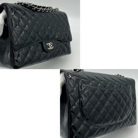 Authentic Chanel Classic Glossy shimmery black Patent leather Maxi single flap - Picture 10 of 17